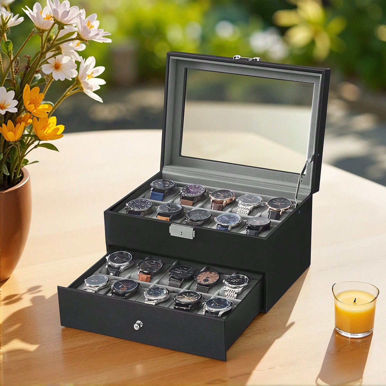 Jewelry Watches & Accessories - 20-Slot Watch Box with Glass Lid