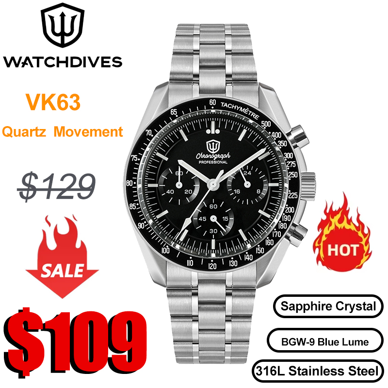 Jewelry Watches Vintage - Watchdives WD1860 Quartz Watch VK63 Chronograph